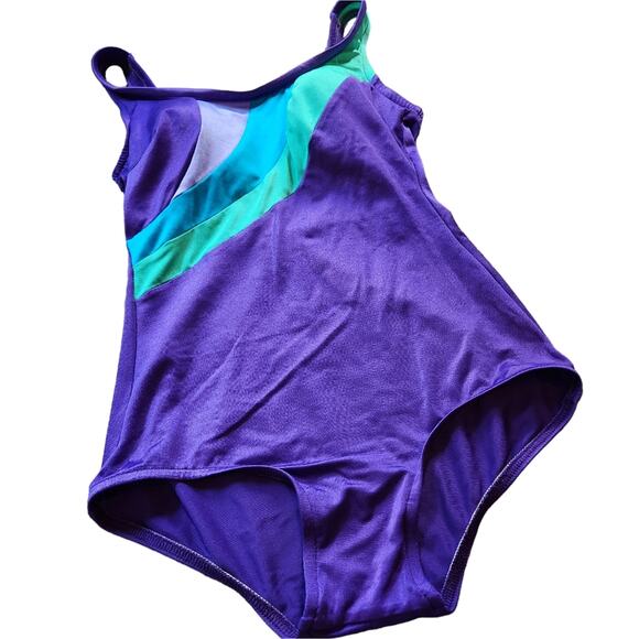 Vintage 1980s swimsuit one-piece purple and aqua modest cut size 10 - Picture 3 of 10
